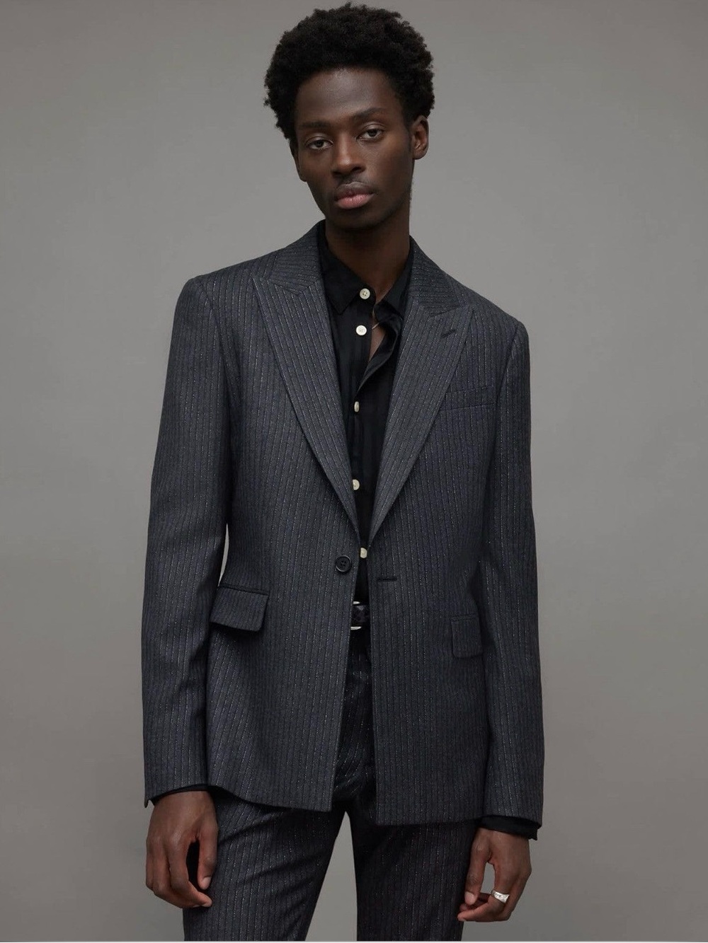ALLSAINTS Androm Metallic Pinstripe Blazer Jacket Charcoal Silver Lurex 42 NWOT